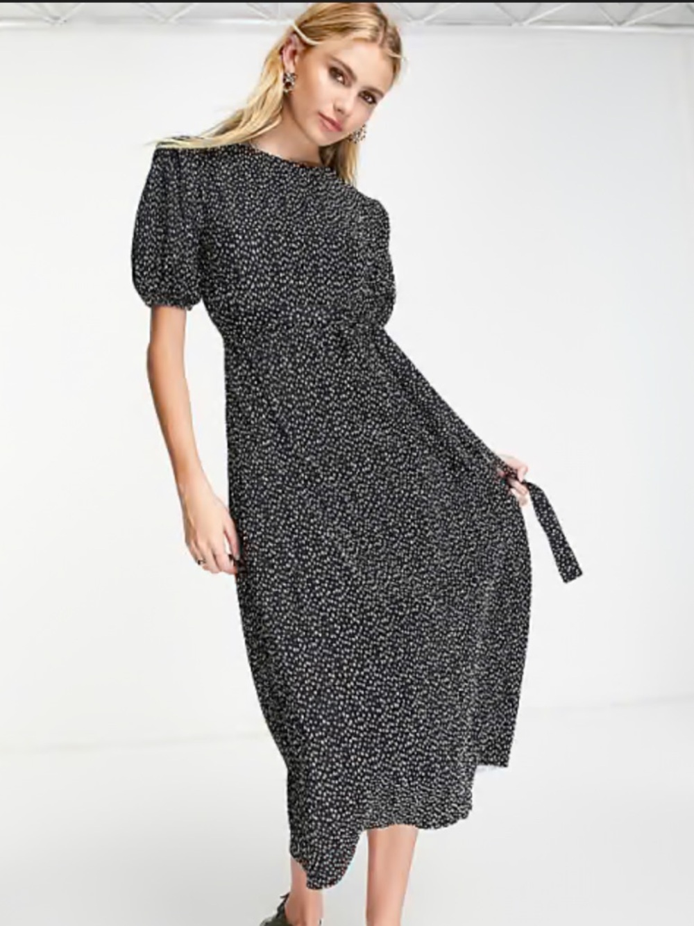 River Island Black Polka Dot Tie-Waist Midi Dress